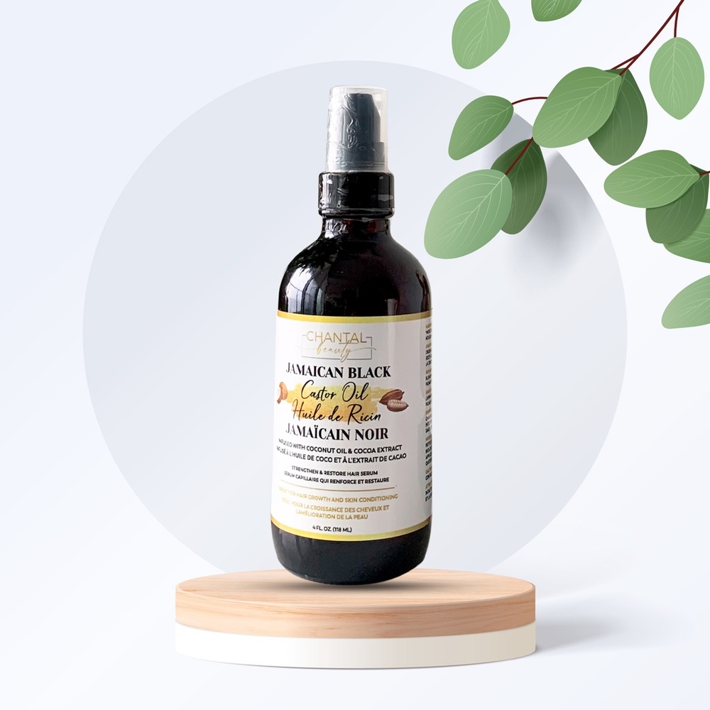 100% Pure Jamaican Black Castor Oil with coconut oil and cocoa extract.